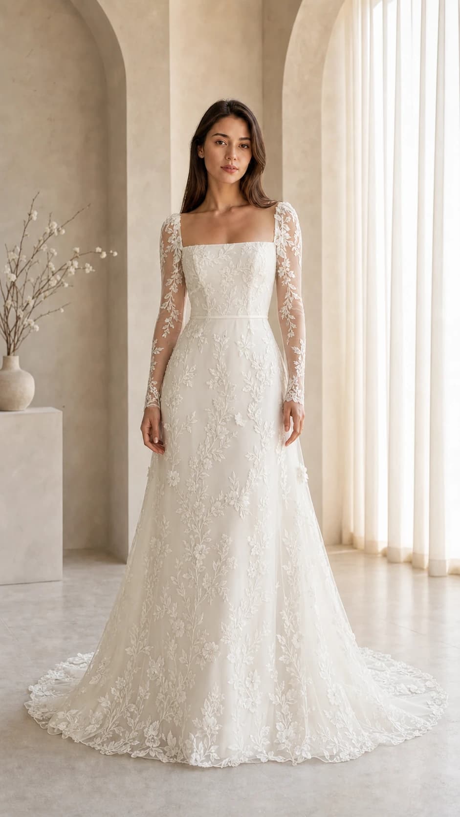 Aydınlık bridal atelierde kare yakalı, çiçek aplikeli ve A kesim etekli gelinlik giyen kadın.