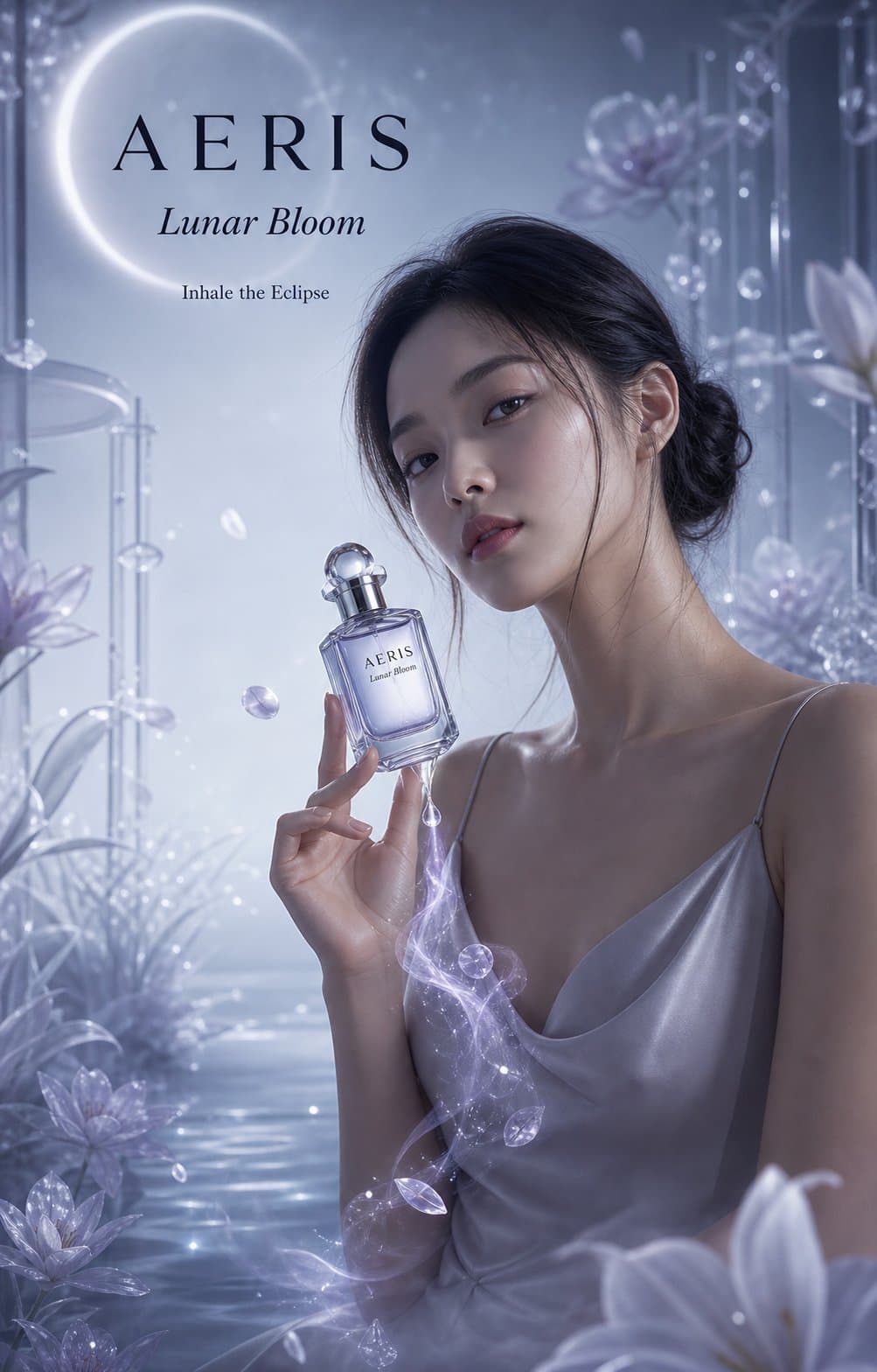 AERIS Lunar Bloom başlıklı, tutulma ışığında parfüm şişesi tutan modelin yer aldığı kaynak kampanya.