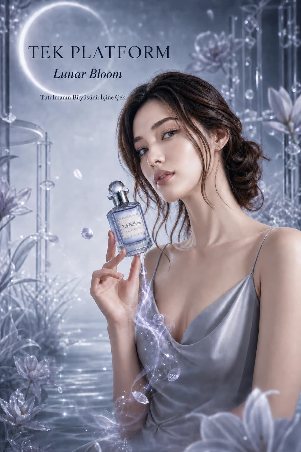 Ana marka adı TEK PLATFORM olan posterde kumral modelin Tek Platform ve EAU DE PARFUM etiketli parfümü tuttuğu, Tutulmanın Büyüsünü İçine Çek sloganlı uyarlama.