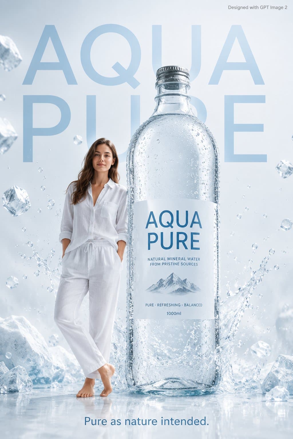 Beyaz giyimli modelin dev Aqua Pure şişesinin yanında durduğu buzlu su kampanyası.