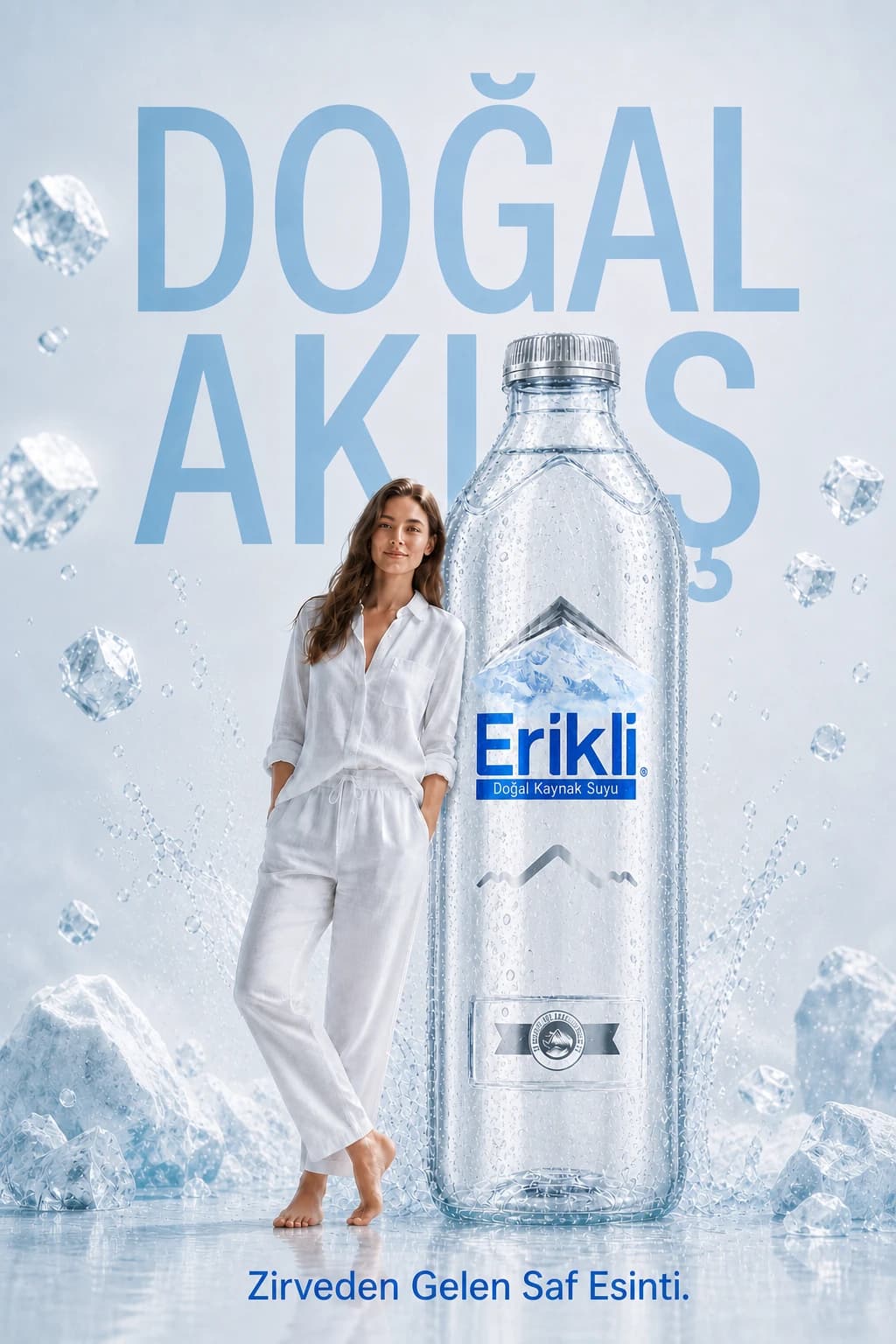 Aynı model ve buzlu sahnede Erikli şişesi, Doğal Akış başlığı ve Zirveden Gelen Saf Esinti sloganıyla hazırlanmış uyarlama.