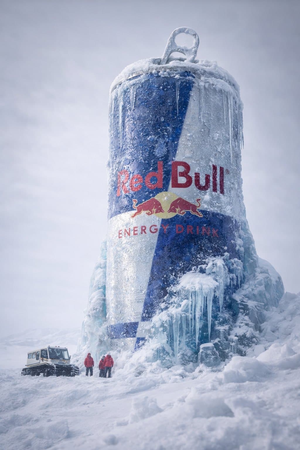 Arktik arazide araştırmacılar ve kar aracının yanında yükselen dev, donmuş Red Bull kutusu.
