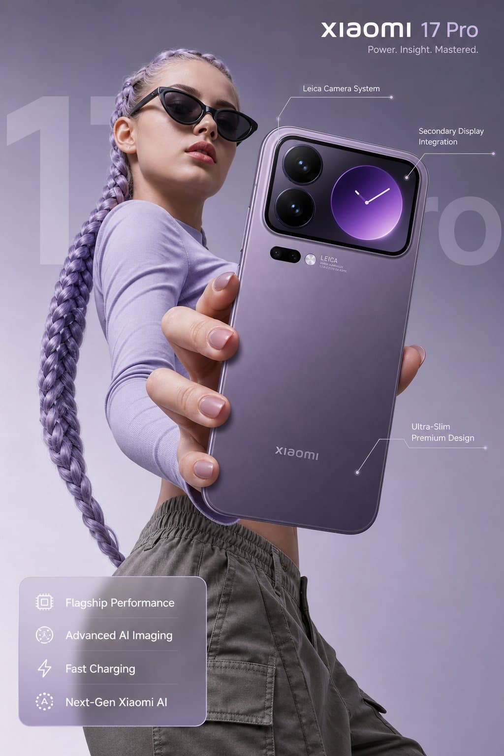 Mor tonlu moda sahnesinde telefonu kameraya doğru tutan modelle hazırlanmış Xiaomi 17 Pro reklamı.