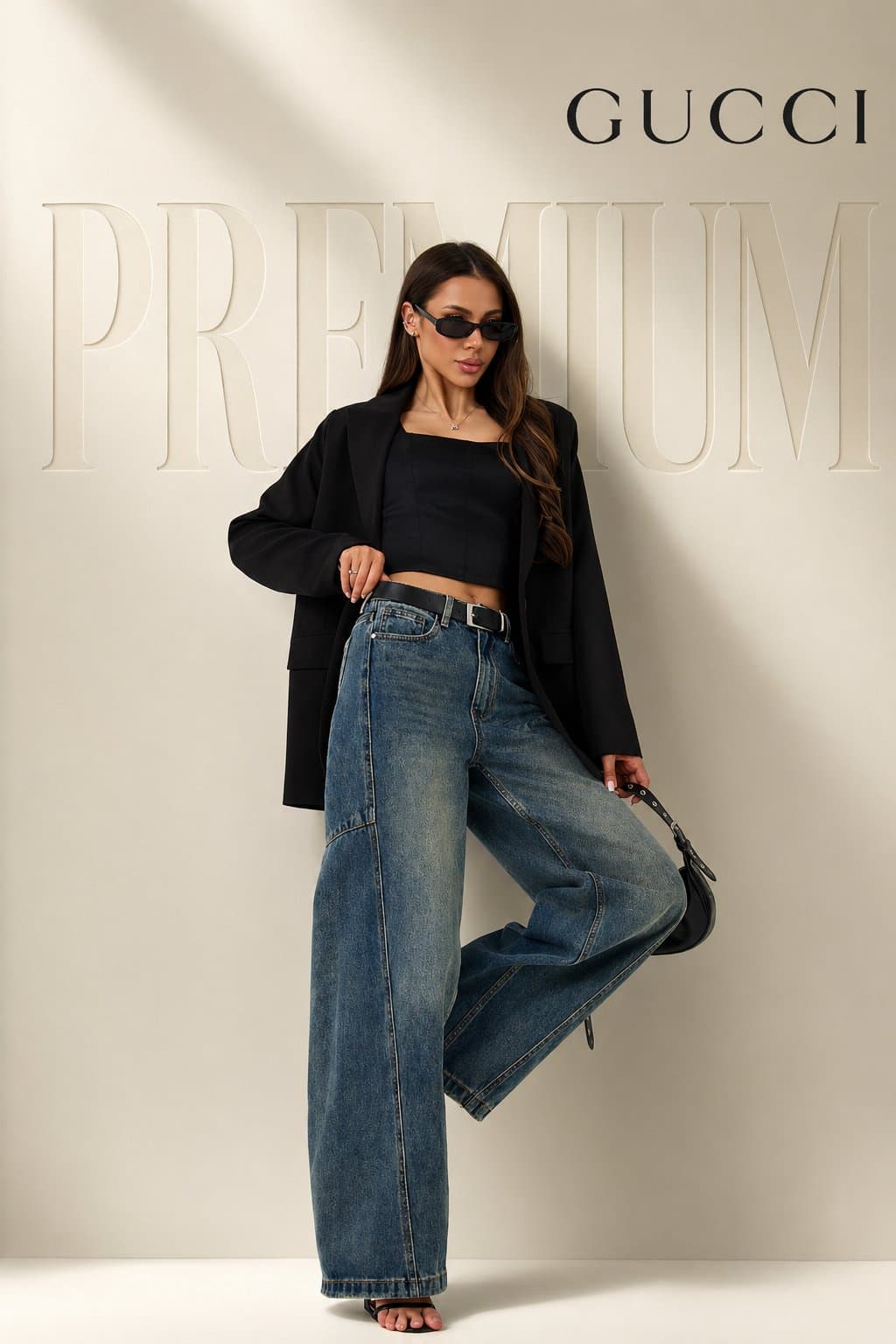 full body female model in confident fashion pose (one leg slightly raised, relaxed luxury sta…