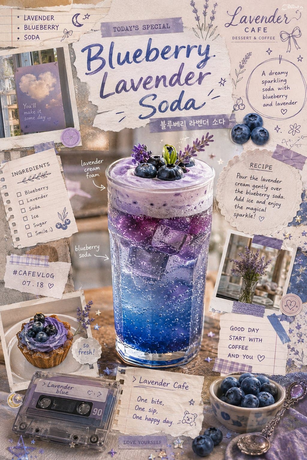 Vintage-inspired blueberry lavender soda scrapbook poster, dreamy artisanal cafe advertisemen…