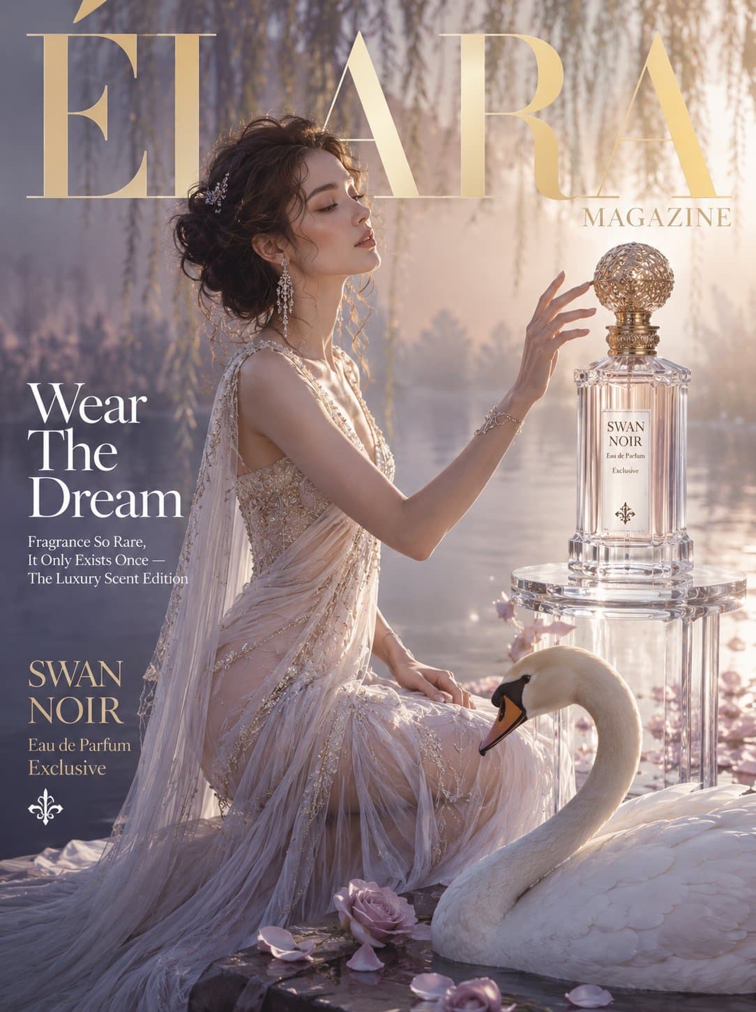 ÉLARA MAGAZINE — luxury fashion cover editorial An ethereal woman in a floor-length ivory gow…
