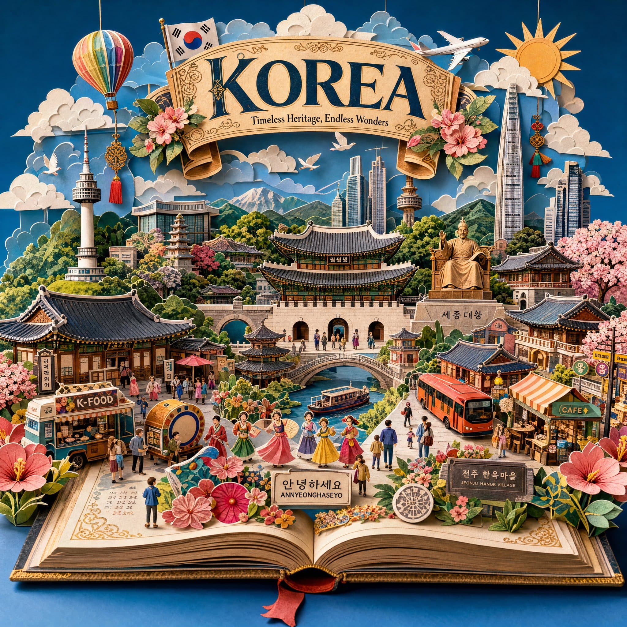 Create an ultra-detailed handcrafted 3D pop-up storybook travel illustration of [DESTINATION]…