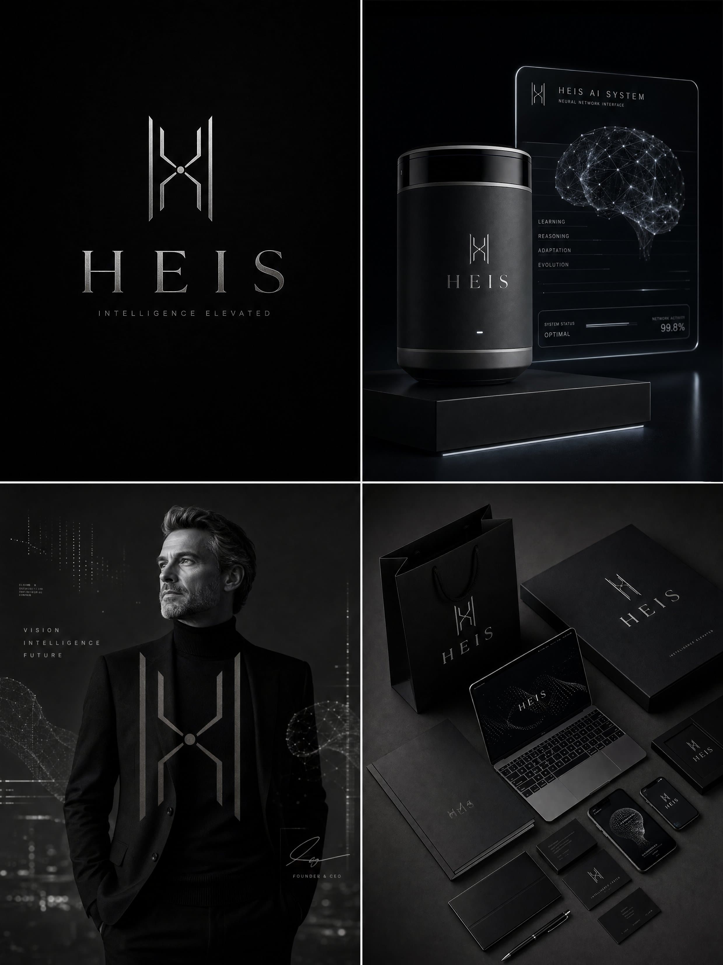 Luxury AI brand identity board for "HEIS", ultra-premium artificial intelligence company bran…