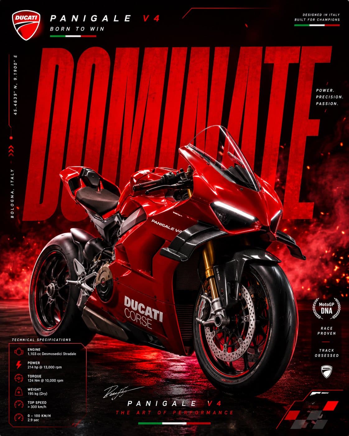 Create a luxury motorsport advertisement poster featuring the Ducati Panigale V4, captured fr…