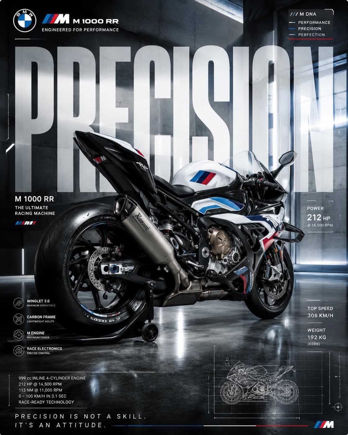 Design an elite European performance poster showcasing the BMW M 1000 RR from a low rear thre…