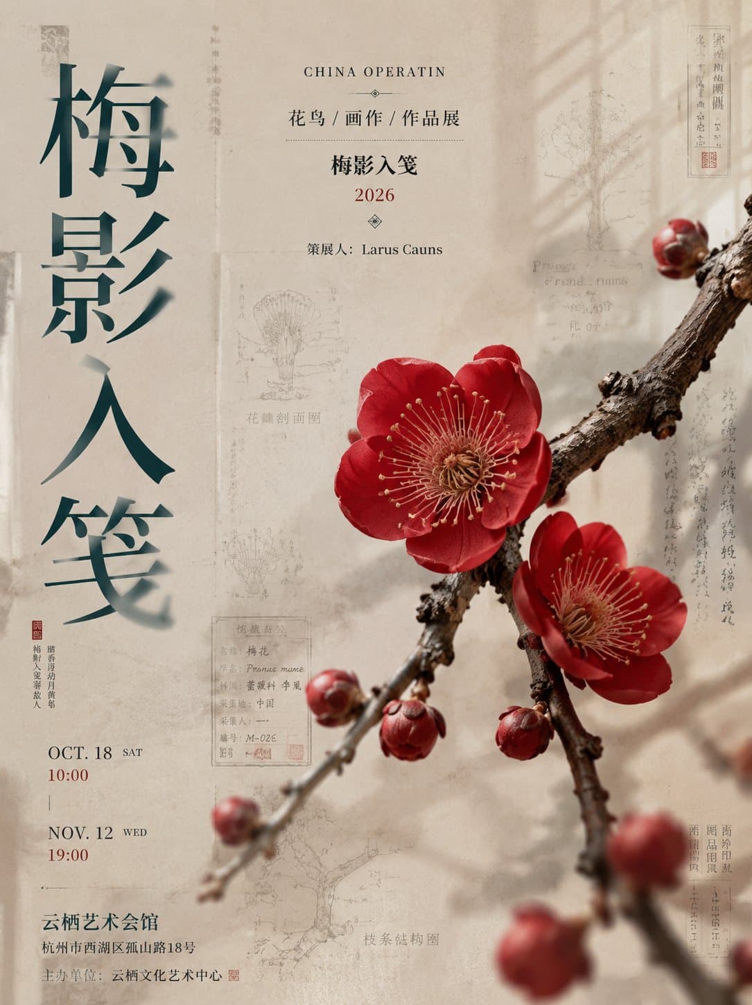 生成一张竖版 3:4 新中式高端展览海报，主题为【主题名称】，像真实美术馆 / 文化馆精品展览海报。 左侧超大竖排中文标题【大标题】，采用新中式现代标题字设计。标题不是水墨晕染，而是“清…