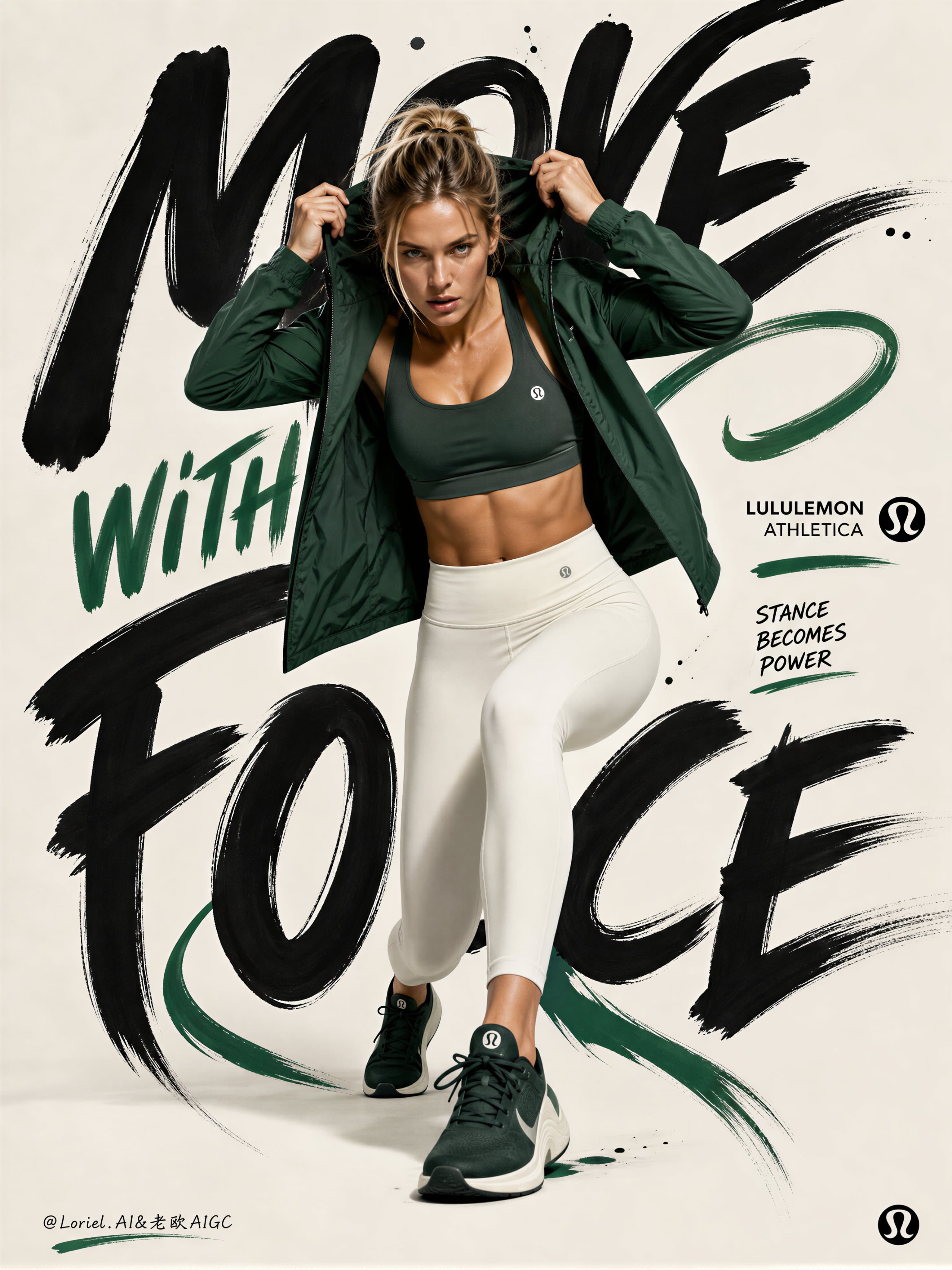 Create the fifth poster in a unified campaign series for Lululemon Athletica, preserving the…